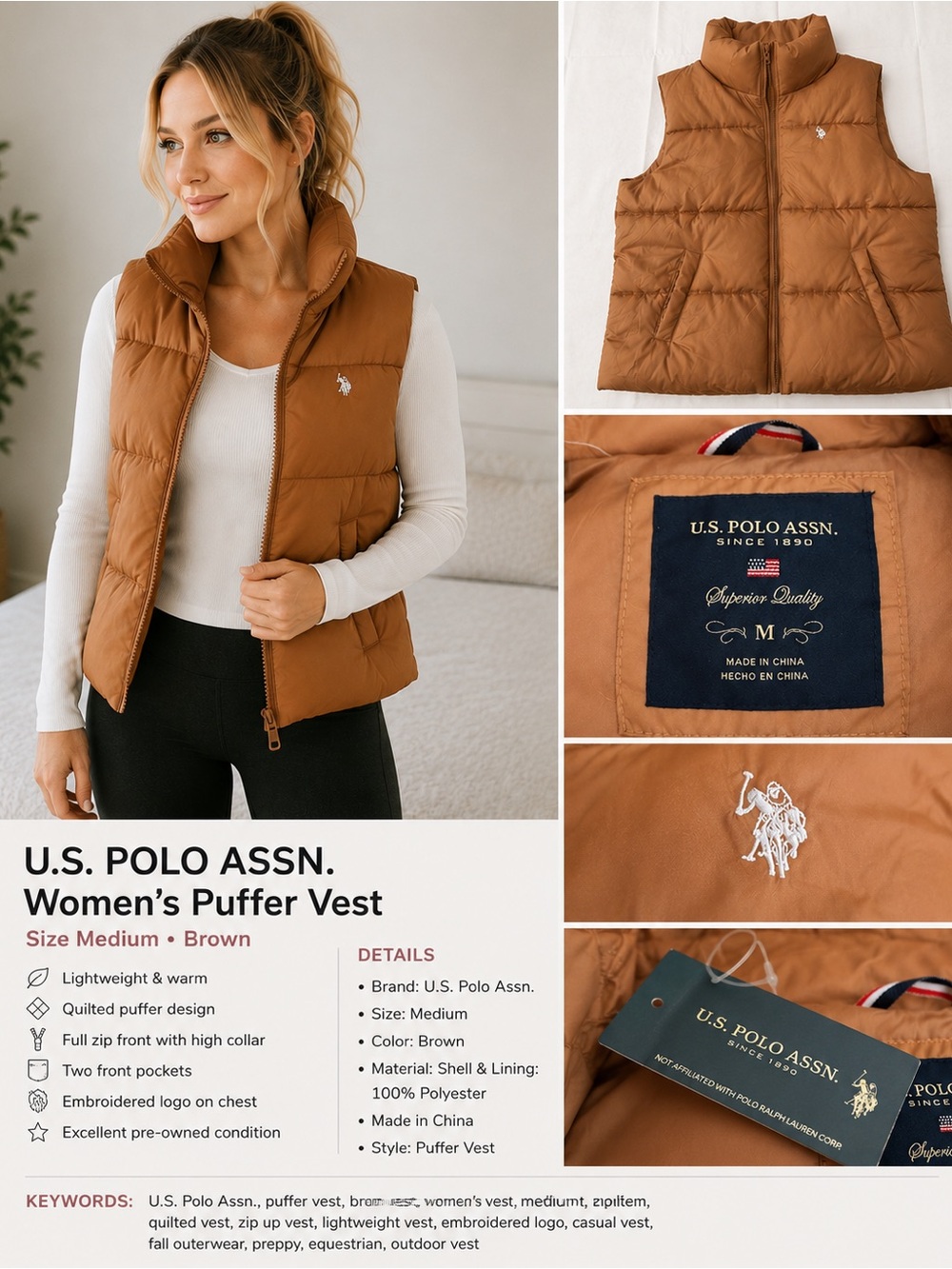 U.S. Polo Assn. Quilted Puffer Vest in Rust
